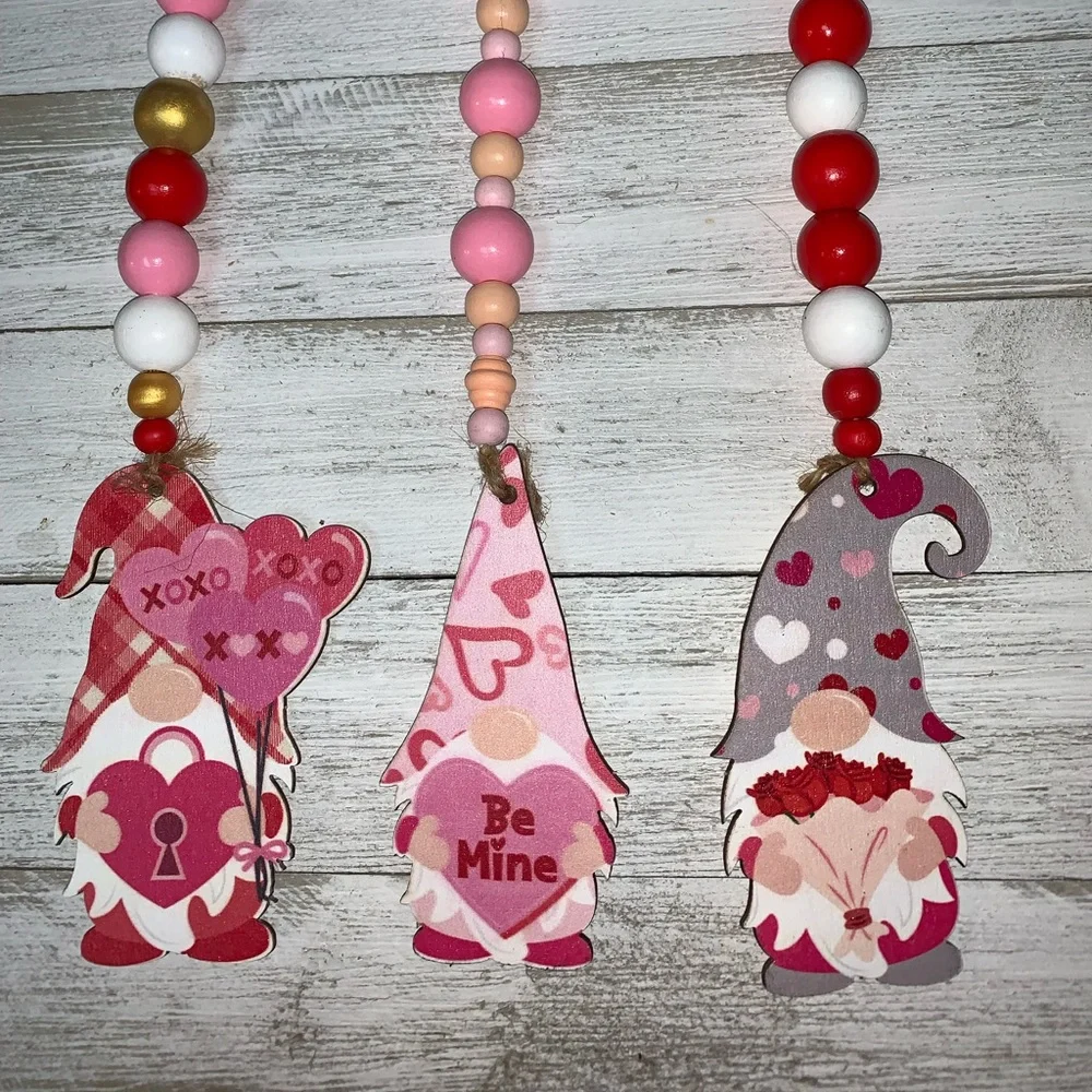 3 Valentine’s Day Gnome Wood Bead Garlands
